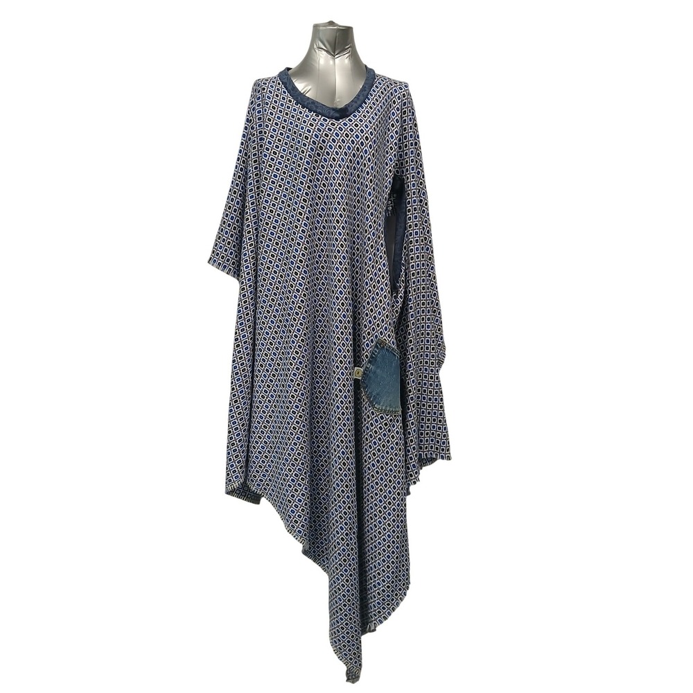 Upcycled Swag Boho Geometric Poncho Tunic Top Denim Pocket OOAK Wearable Art